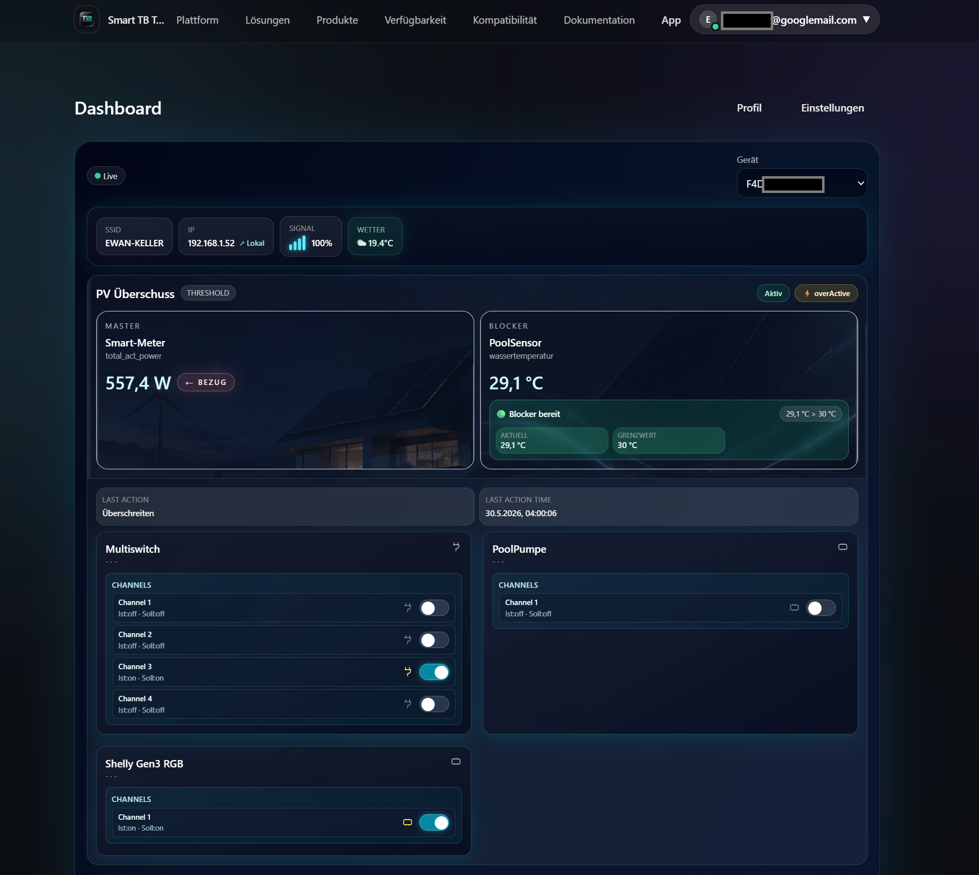 VyraVolt WebApp Free-Dashboard mit PV-Überschuss und schaltbaren Verbrauchern